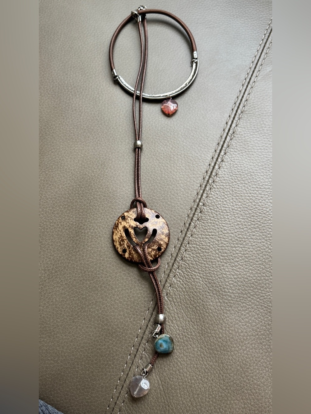 Brown Heart Cutout Pendant Necklace with Blue Accent - Women Jewelry